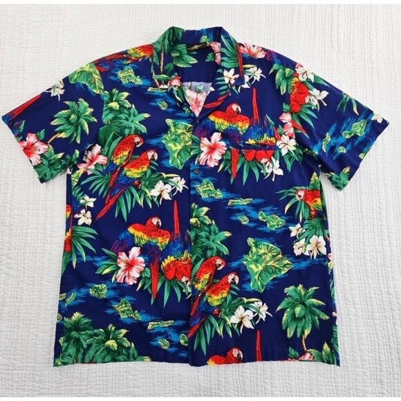 Royal Creations Hawaiian Shirt Men's XL Royal Blue Parrots Made in Hawaii EUC LN - Picture 1 of 13